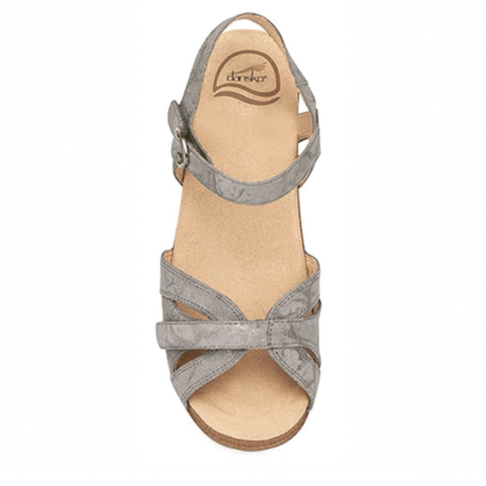 Dansko Blue-Gry/Gold Sandals with Velcro Strap and Peep-Toe Design